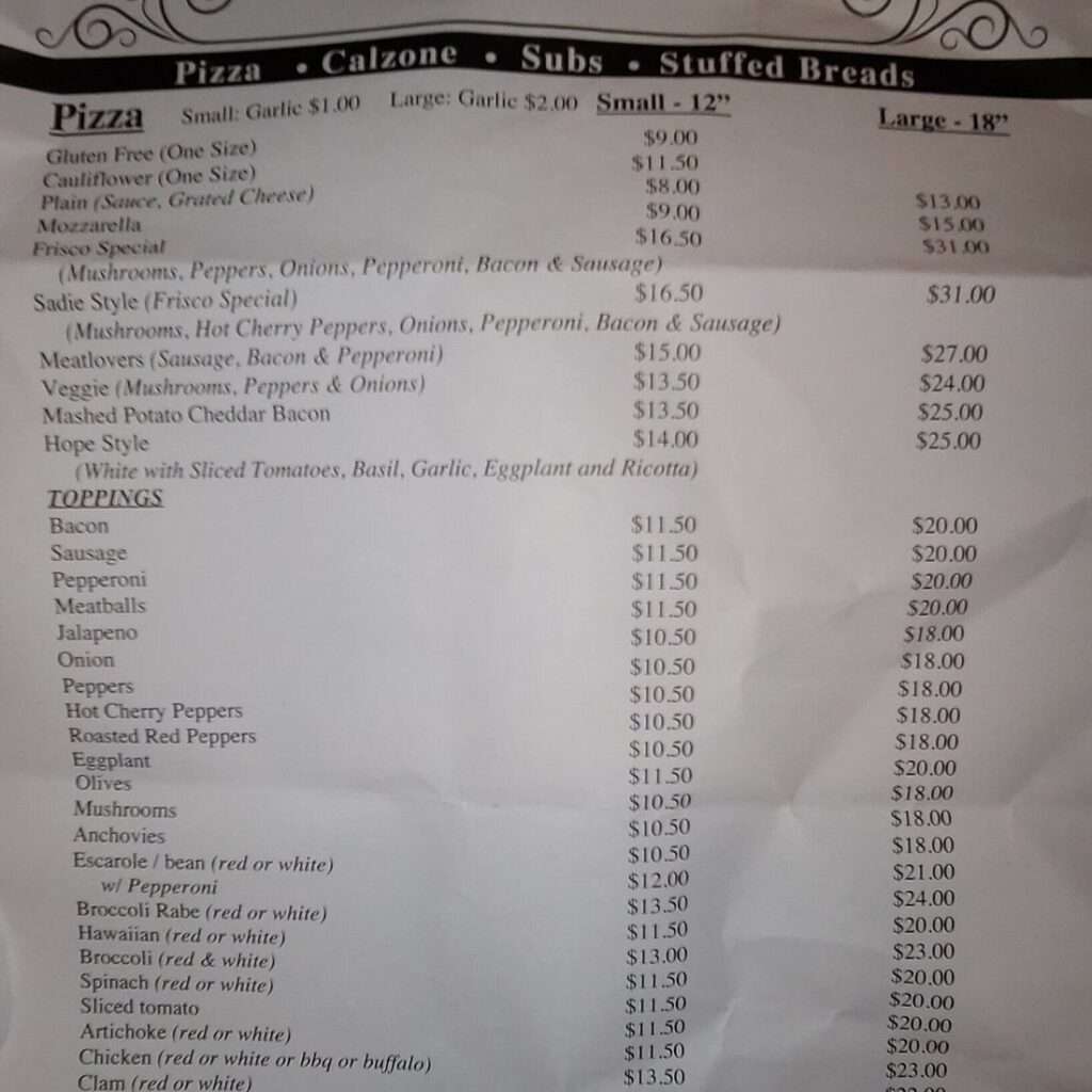 Frisco’s Pizza menu 1